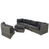 U-style Patio Furniture Set, 6 Piece Outdoor Conversation Set All Weather Wicker Sectional Sofa with Ottoman and Cushions and Small Trays