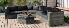 U-style Patio Furniture Set, 6 Piece Outdoor Conversation Set All Weather Wicker Sectional Sofa with Ottoman and Cushions and Small Trays